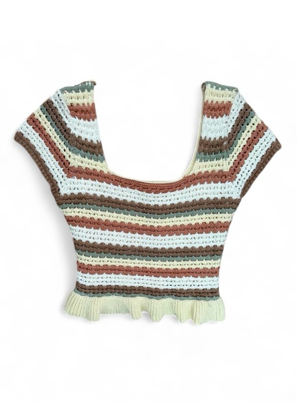 Striped Crochet Crop Top in Sage Green, Cream & Brown